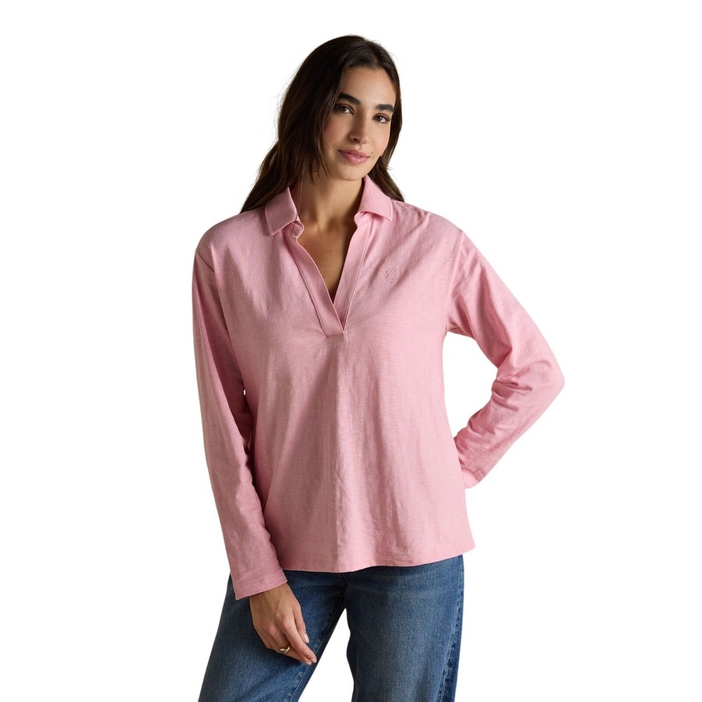 Frank & Eileen Patrick Popover Henley Women LG Light Pink Classic V-Neck Preppy